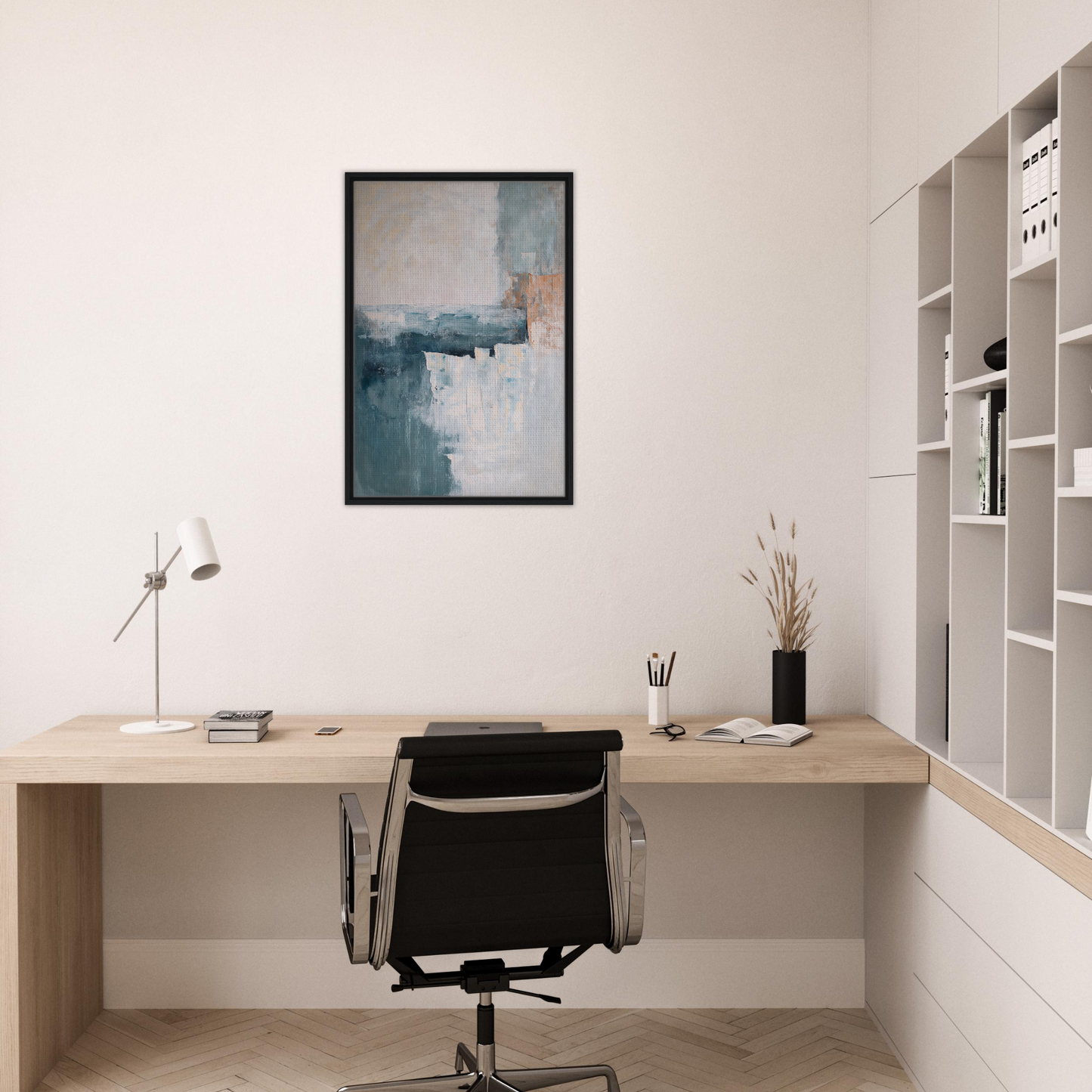 Minimalist home office with Teal Twilight Harmony framed canvas and wooden desk