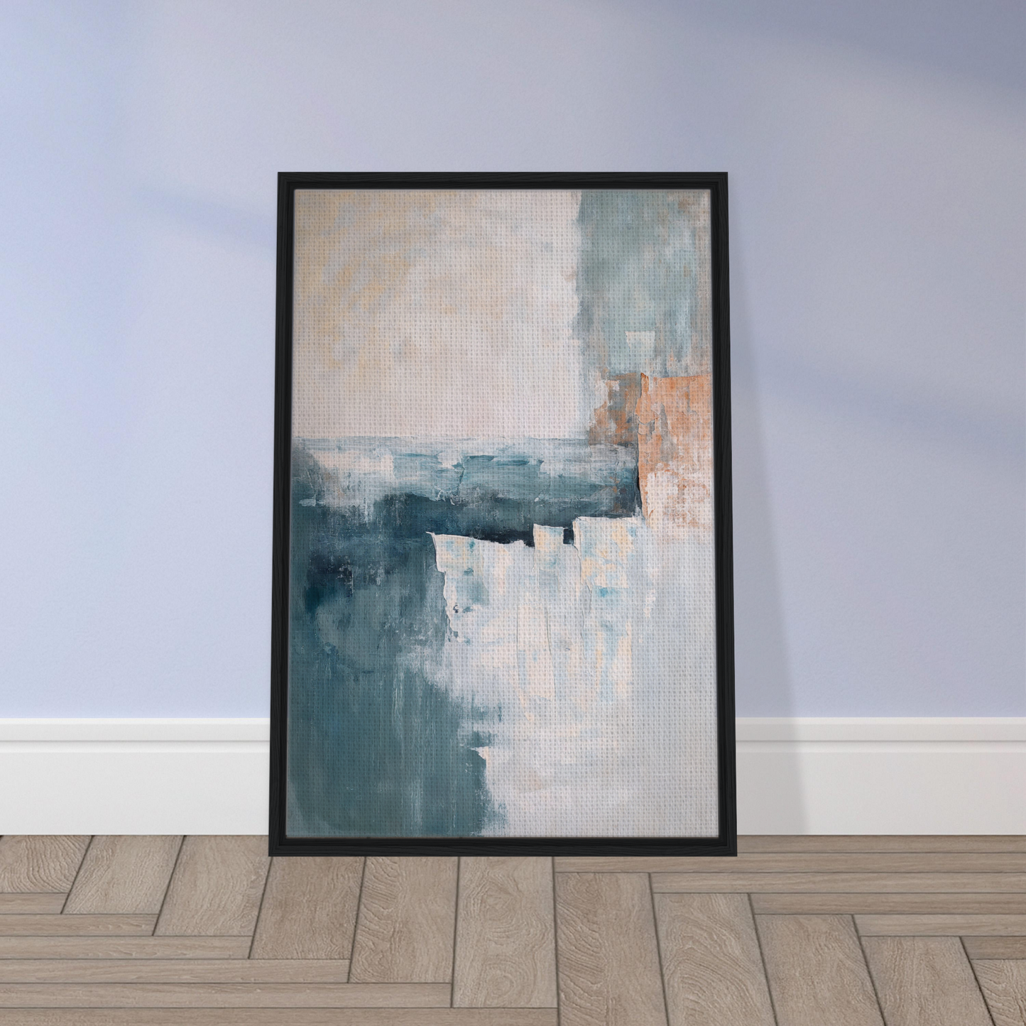 Framed canvas print of Teal Twilight Harmony in muted blue, beige, and orange tones