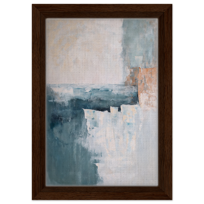 Abstract painting in muted blue, white, and peach tones for Teal Twilight Harmony framed canvas