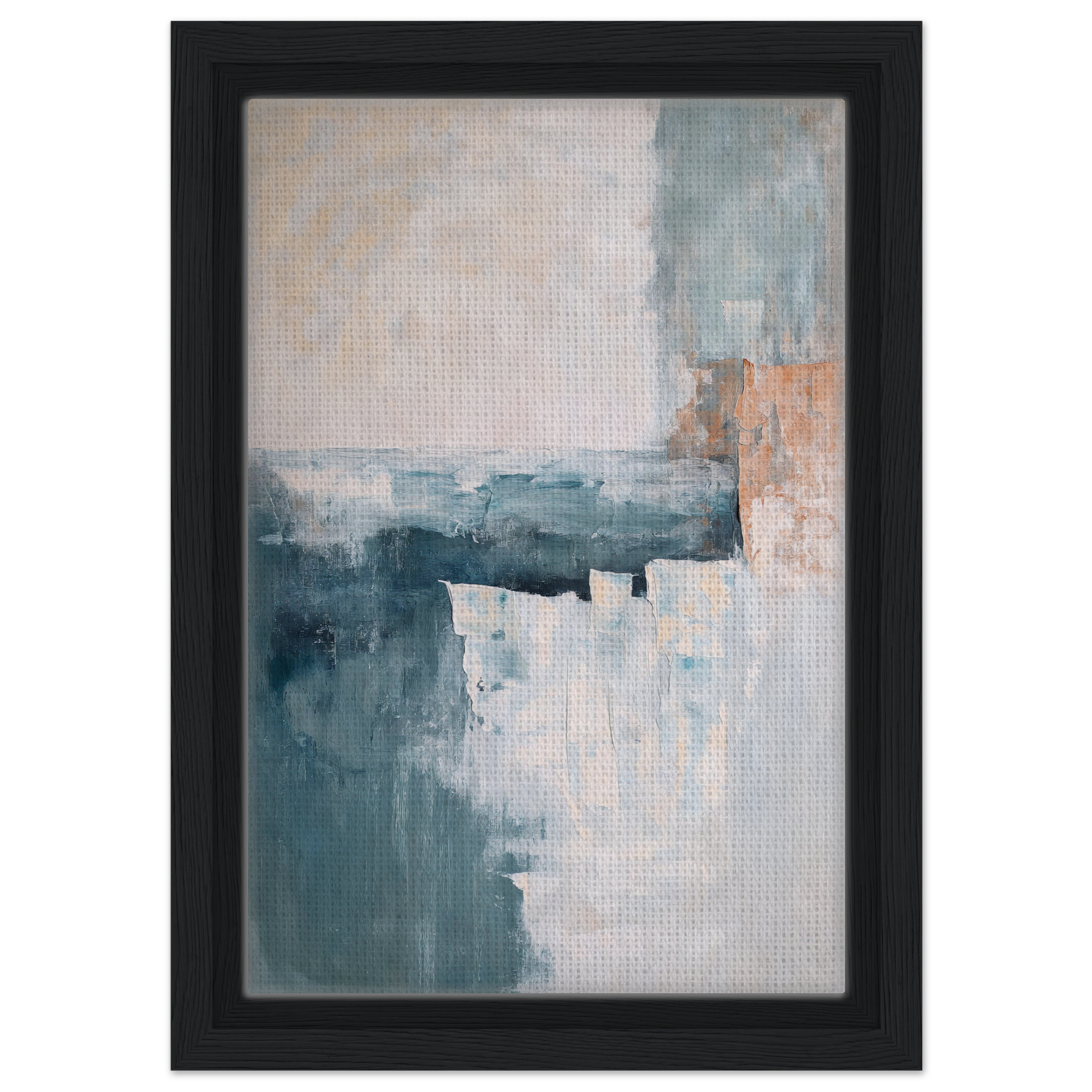 Abstract painting in muted blue, gray, and peach tones, showcasing Teal Twilight Harmony framed canvas for elegant room decor