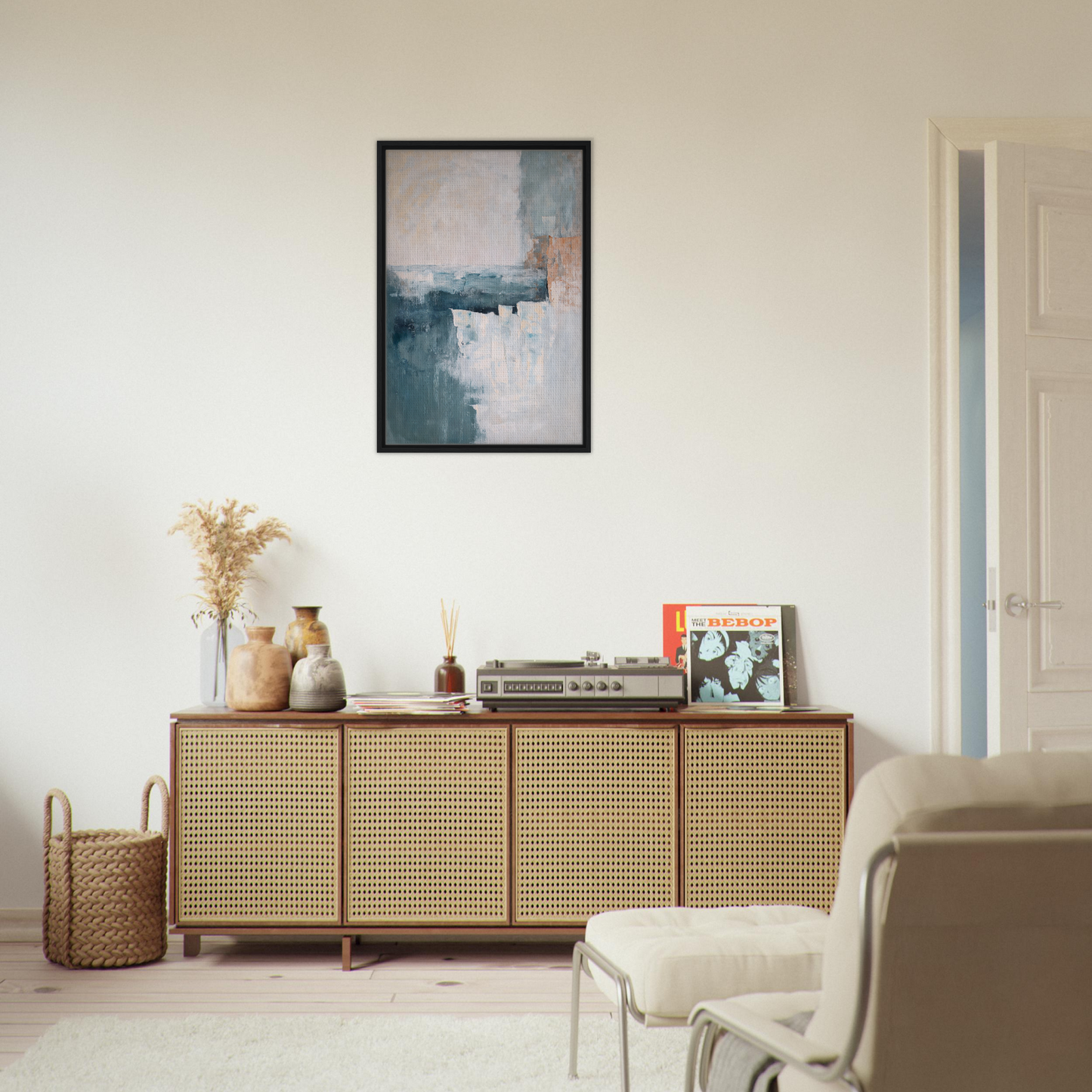 Wooden sideboard with cane-webbed doors featuring decorative items and Teal Twilight Harmony