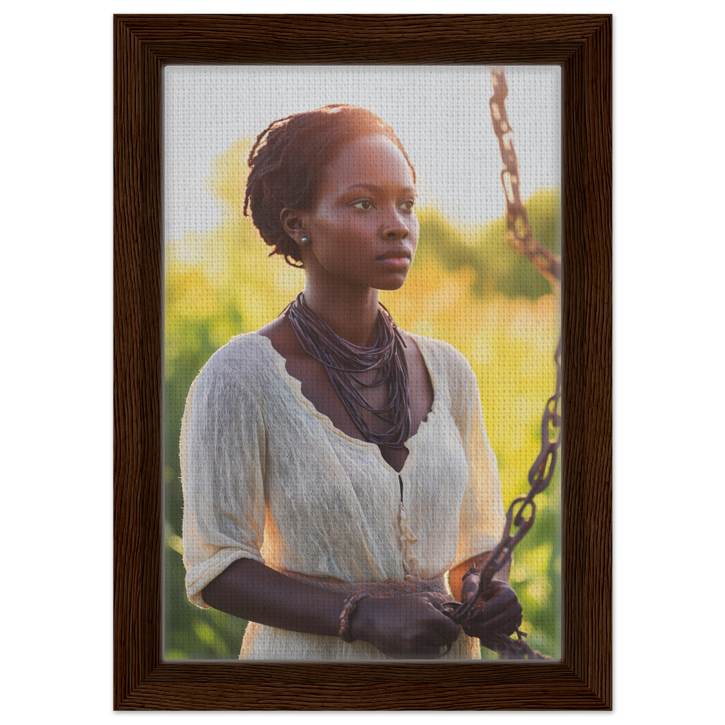 Framed canvas print of a young woman in a white blouse, part of Technicolor Mindscape