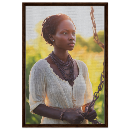 Portrait of a young African woman in a white dress for Technicolor Mindscape framed canvas print