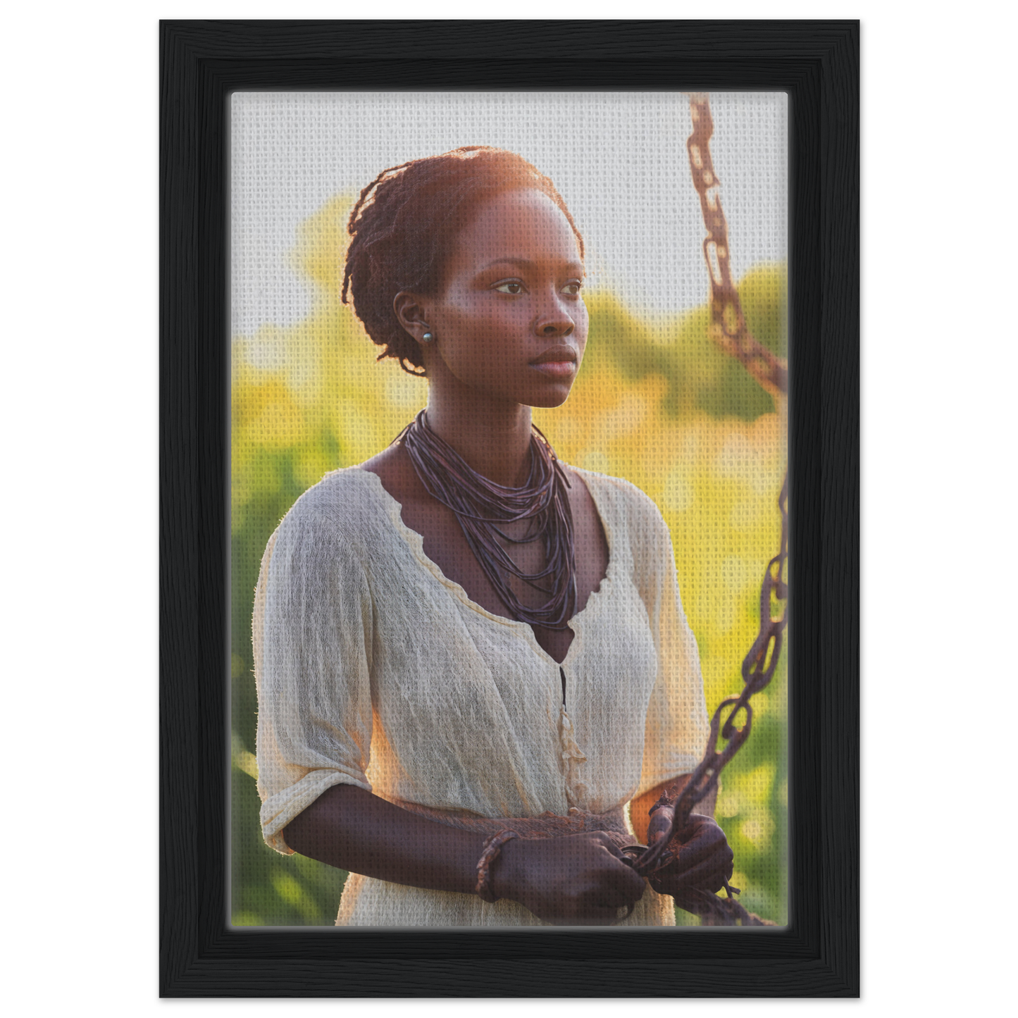 Framed canvas print of a young woman in a white blouse from Technicolor Mindscape