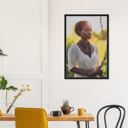 Framed canvas print of a person in a white top and dark scarf from Technicolor Mindscape