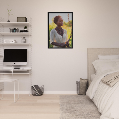 Framed portrait of a smiling woman in white top, ideal for Technicolor Mindscape room decor