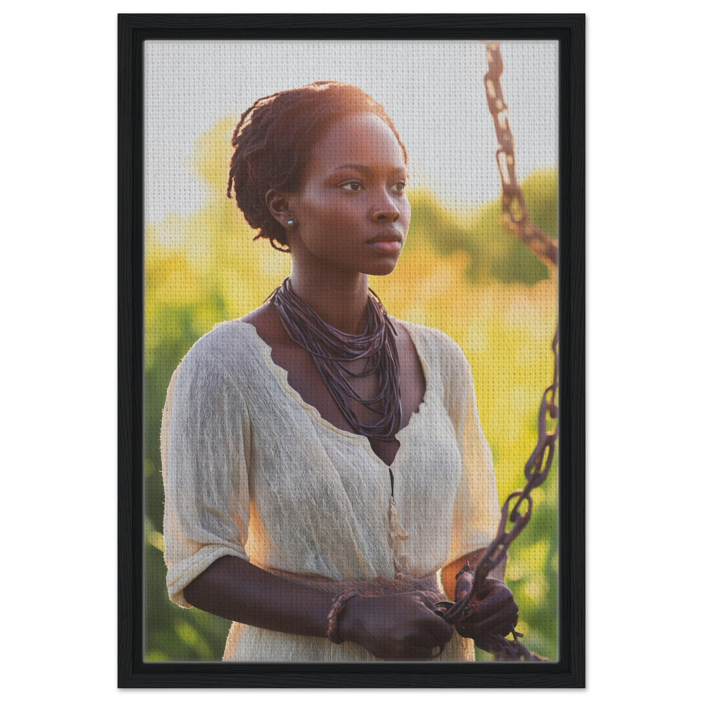 Portrait of a young African woman in white dress for Technicolor Mindscape room decor