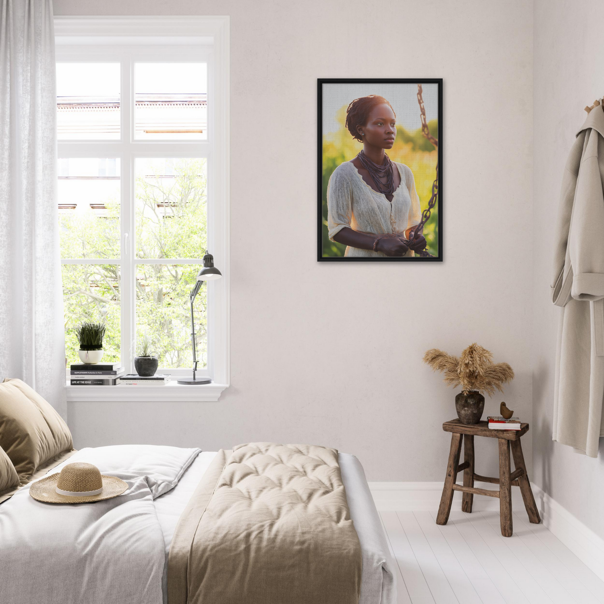 Bright airy bedroom featuring white decor and a portrait, ideal for Technicolor Mindscape room decor