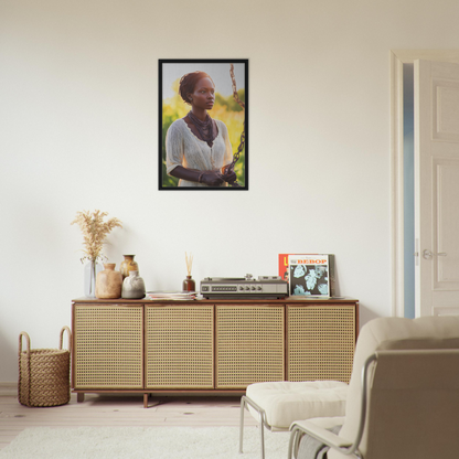 Wooden sideboard with rattan-style doors showcasing Technicolor Mindscape decor items