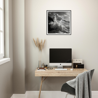 Minimalist wooden desk featuring an iMac and pampas grass for Tempestuous Dance Tribute