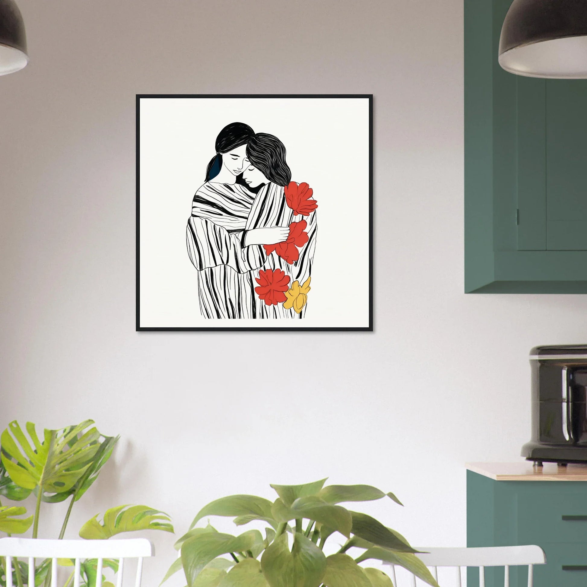 Black and white line art of a couple in a tender embrace symphony with red floral accents