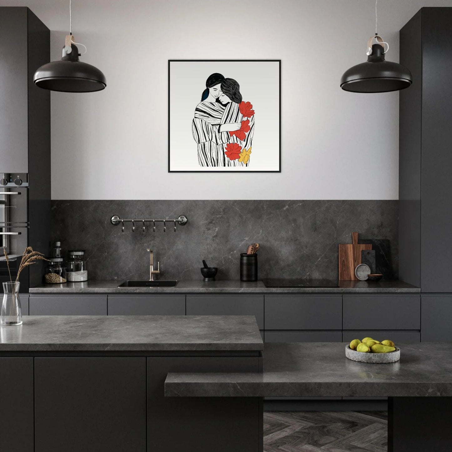 Modern black kitchen with Tender Embrace Symphony framed art print on gray wall