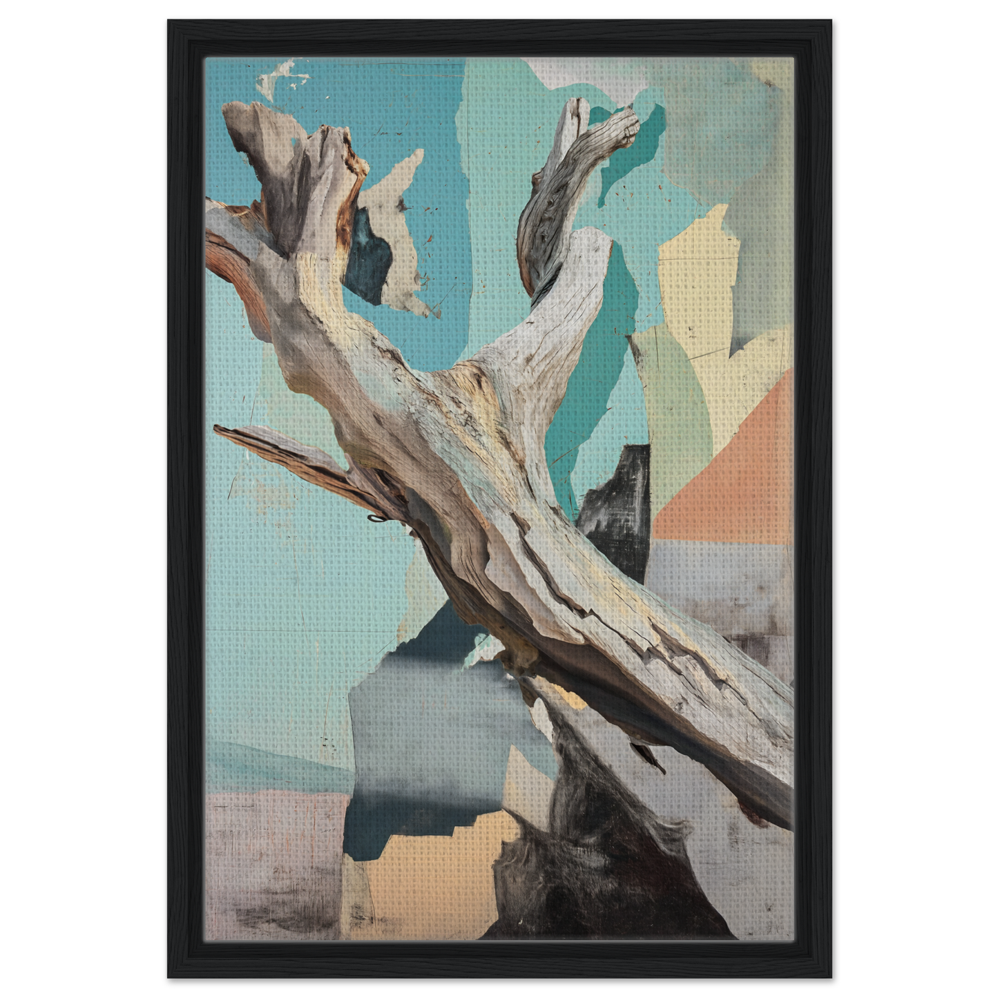 Gnarled driftwood against an abstract background in Threads of Ephemera framed canvas decor