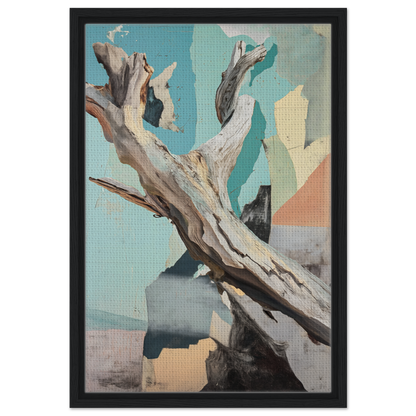 Gnarled driftwood against an abstract background in Threads of Ephemera framed canvas decor