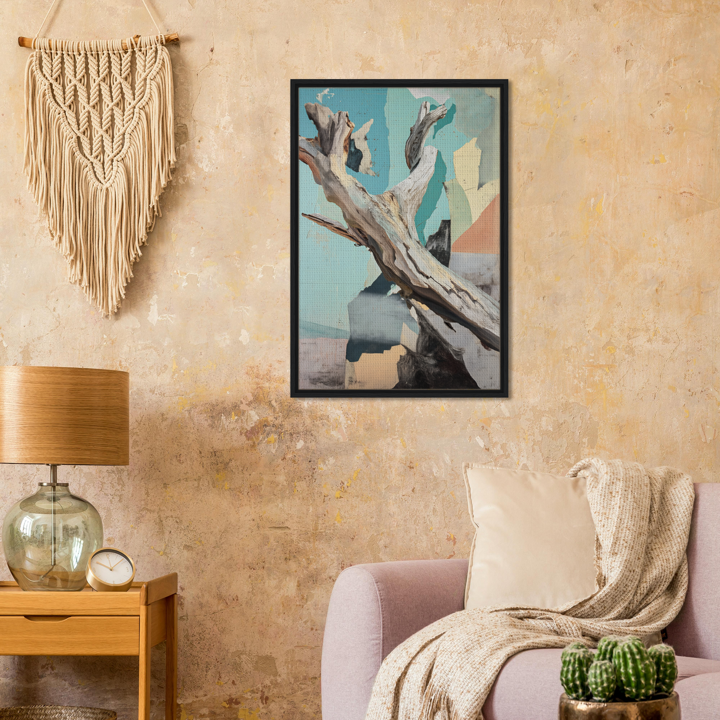 Framed canvas of a gnarled tree branch against a blue sky for elegant room decor