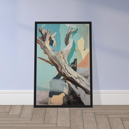 Framed canvas print of gnarled tree branch on geometric pastel background, Threads of Ephemera