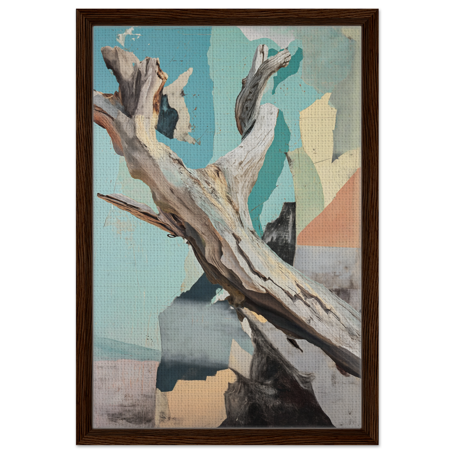 Gnarled driftwood against abstract background in Threads of Ephemera room decor