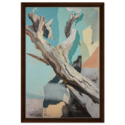 Gnarled driftwood against abstract background in Threads of Ephemera room decor