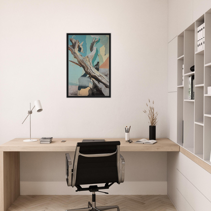 Minimalist home office featuring Threads of Ephemera framed canvas and stylish desk setup