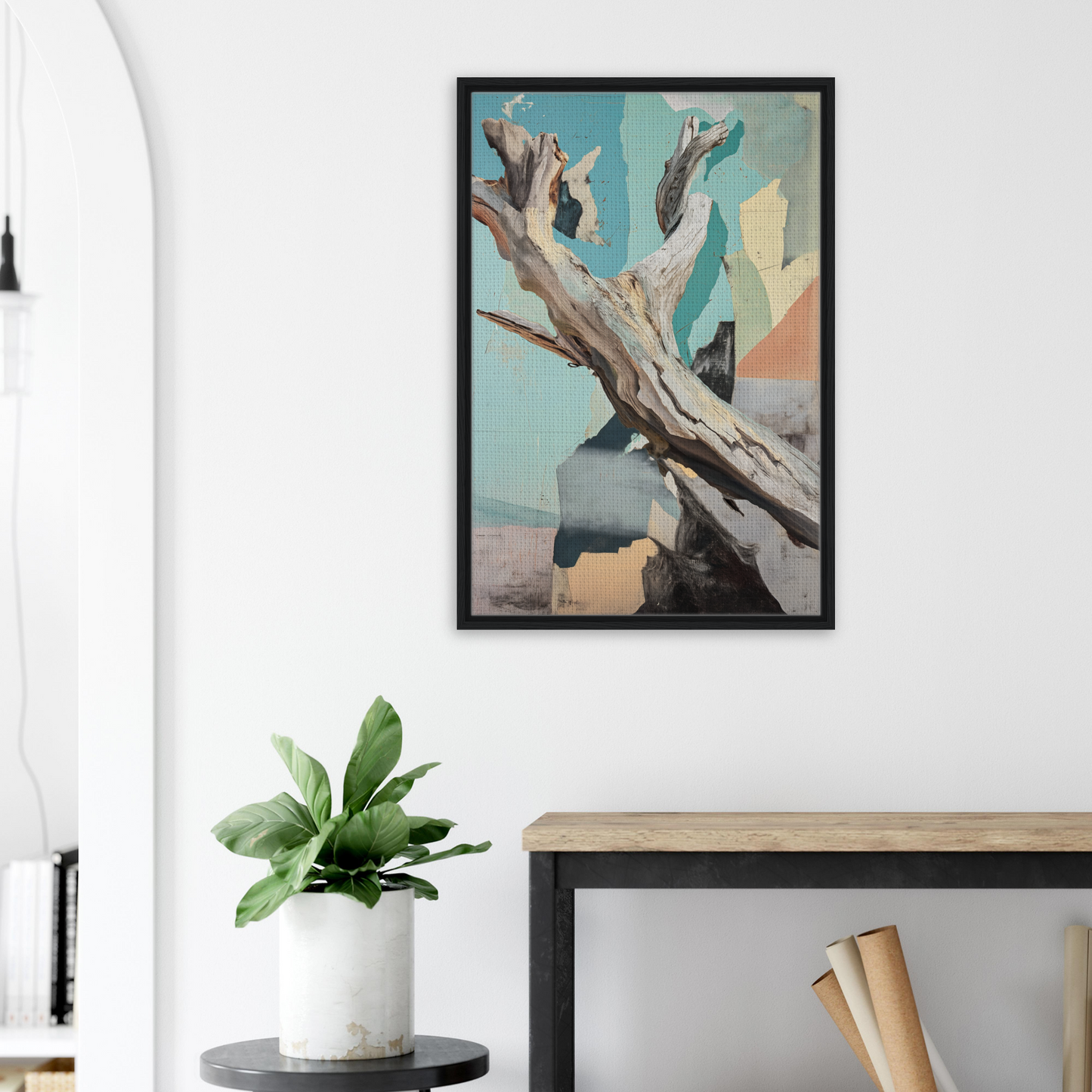 Framed canvas of a gnarled tree branch against a pastel sky for elegant room decor