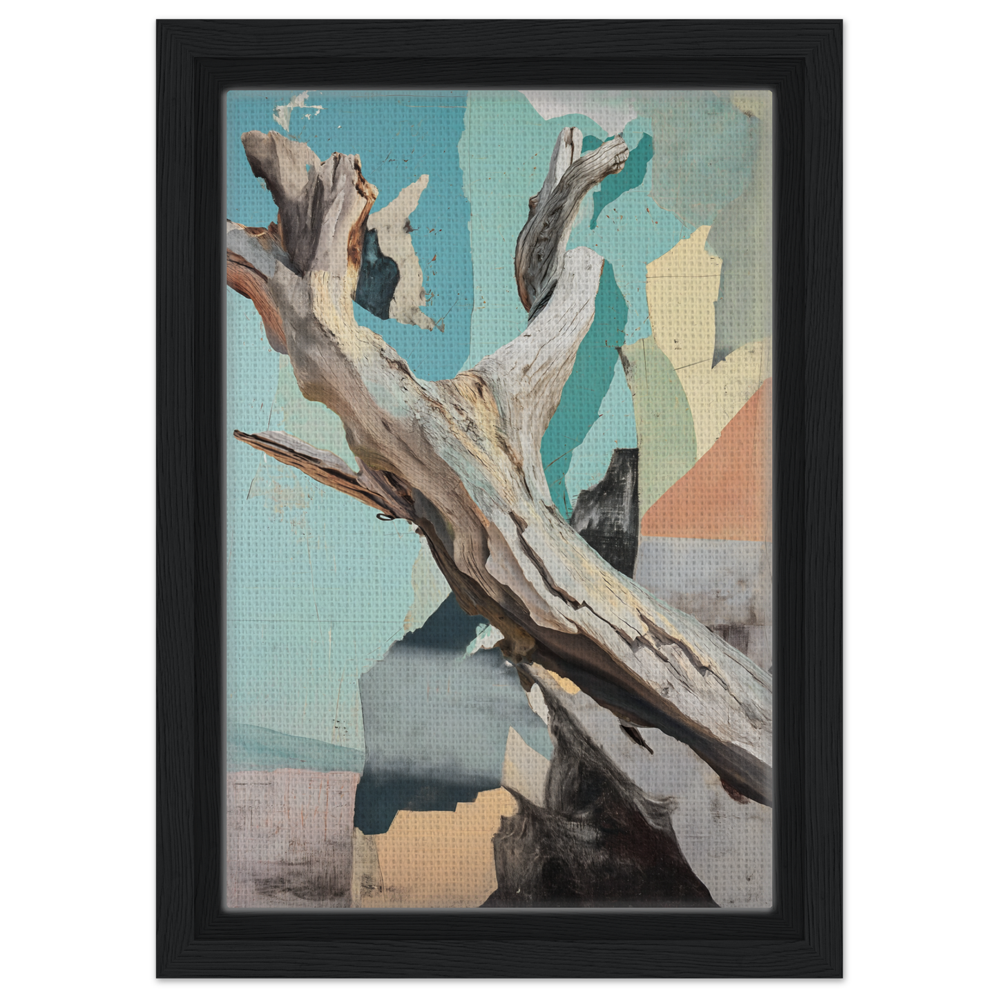 Weathered driftwood branch in gnarled form, featured in Threads of Ephemera framed canvas