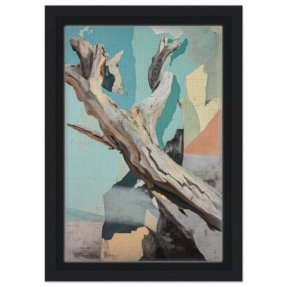 Weathered driftwood branch in gnarled form, featured in Threads of Ephemera framed canvas