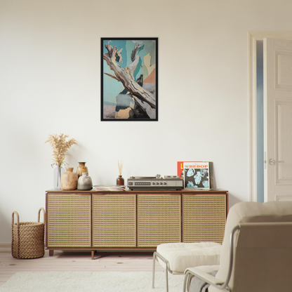 Rattan-fronted wooden sideboard with decorative items for Threads of Ephemera collection