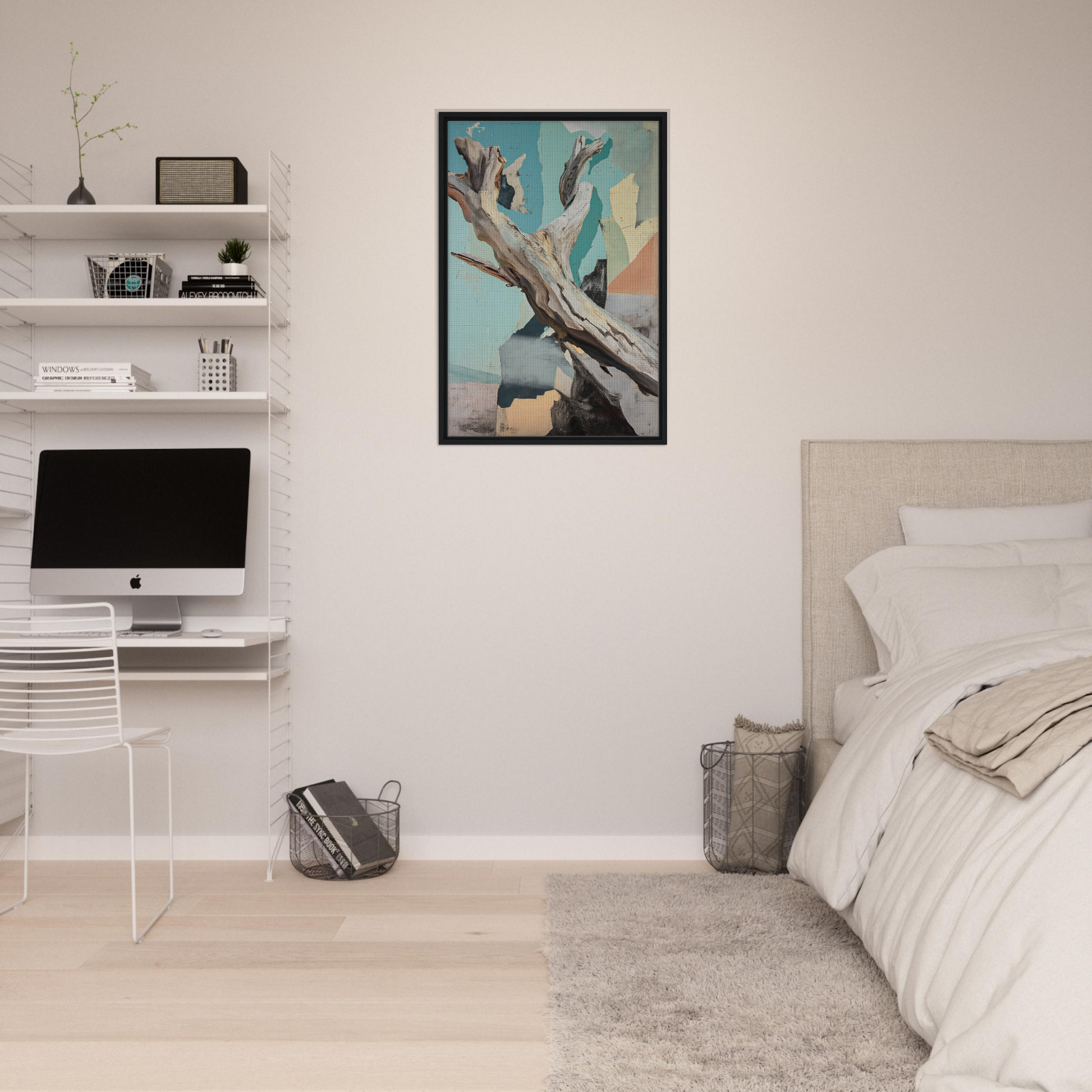 Minimalist bedroom featuring white walls, floating shelves, and a Fashion Oracle framed canvas