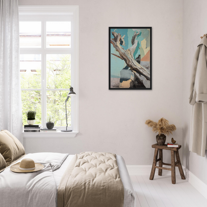 Bright, airy bedroom with Threads of Ephemera framed canvas print and white decor