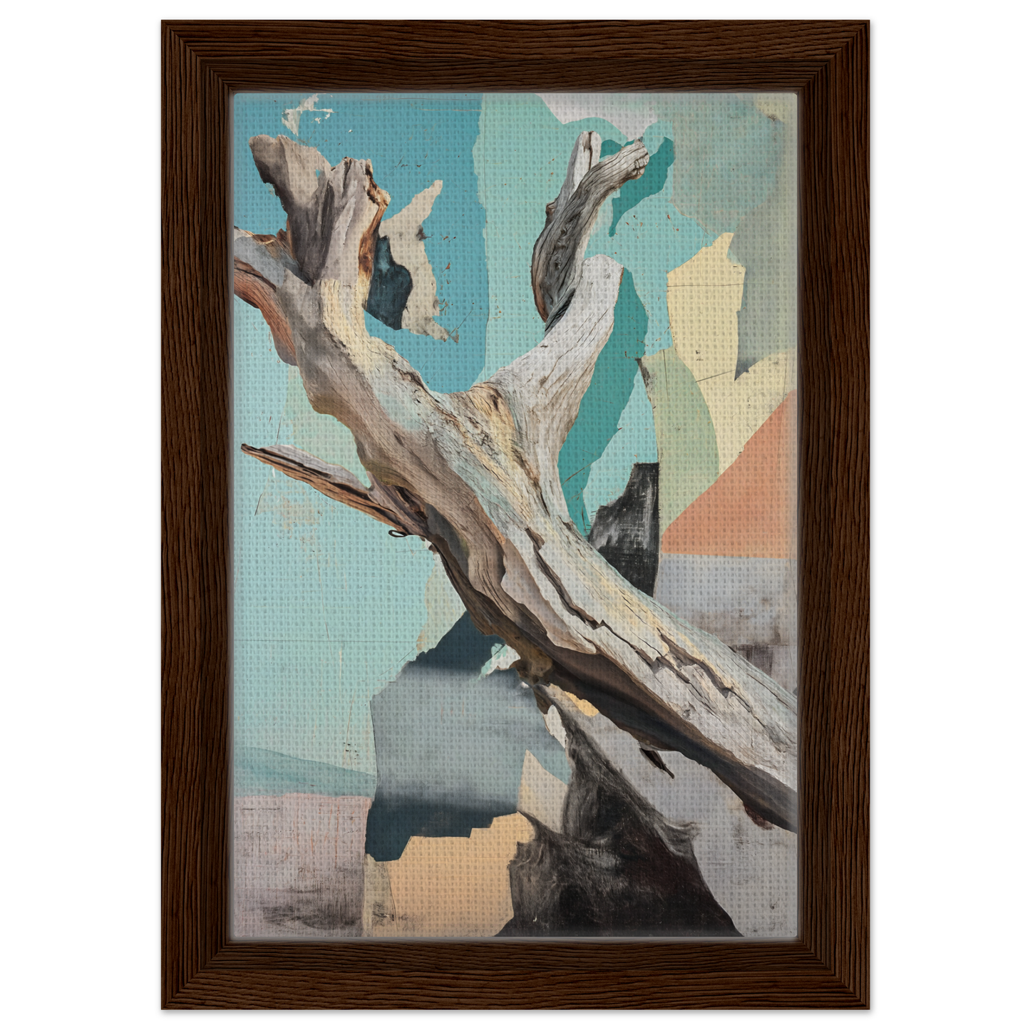 Weathered driftwood branch art featured in Threads of Ephemera framed canvas print