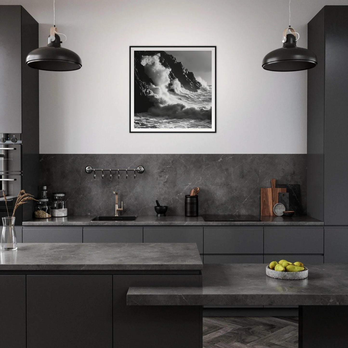 Modern dark gray kitchen showcasing Tidal Unfurl Dance framed wall art with stylish lighting