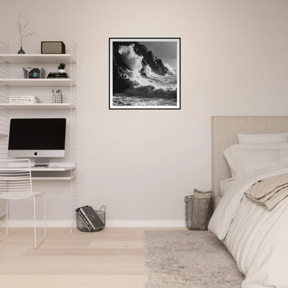 Minimalist bedroom workspace with Tidal Unfurl Dance framed wall art and clear acrylic desk