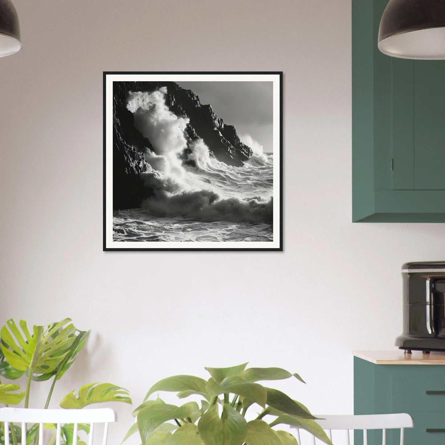 Black and white photo of a crashing wave for Tidal Unfurl Dance framed wall art