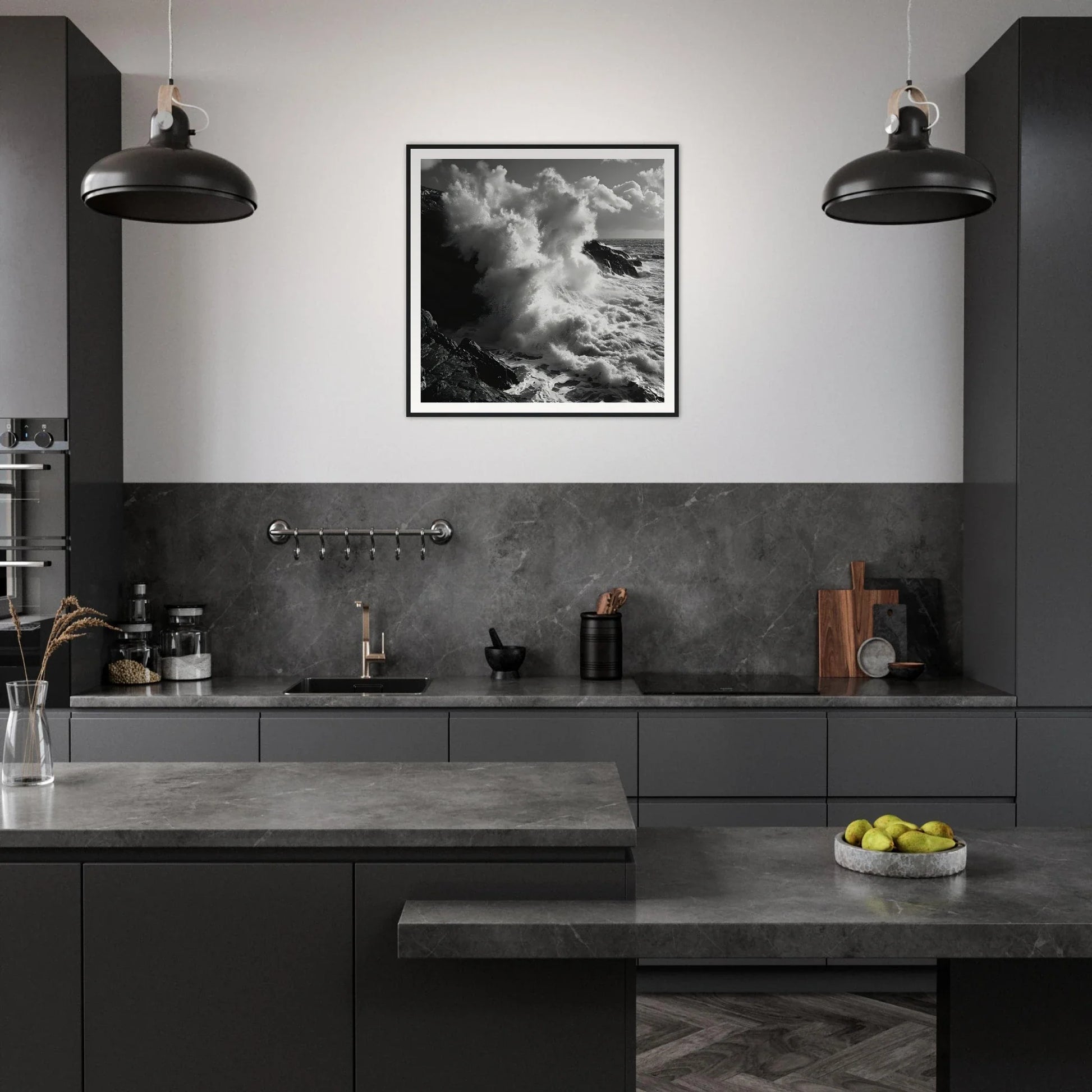 Modern dark gray kitchen featuring Tide’s Judgement Hour art with industrial pendant lights