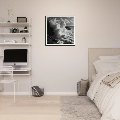 Minimalist bedroom with Tide’s Judgement Hour art, iMac workstation, and chic floating shelves