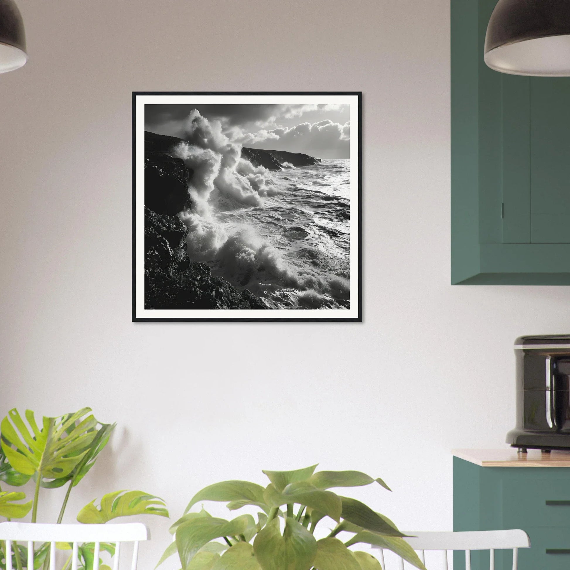 Framed black and white art of ocean waves in Tide’s Tumult Saga special edition