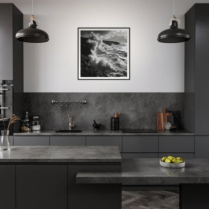 Modern dark gray kitchen featuring Tide’s Tumult Saga premium framed art with pendant lights