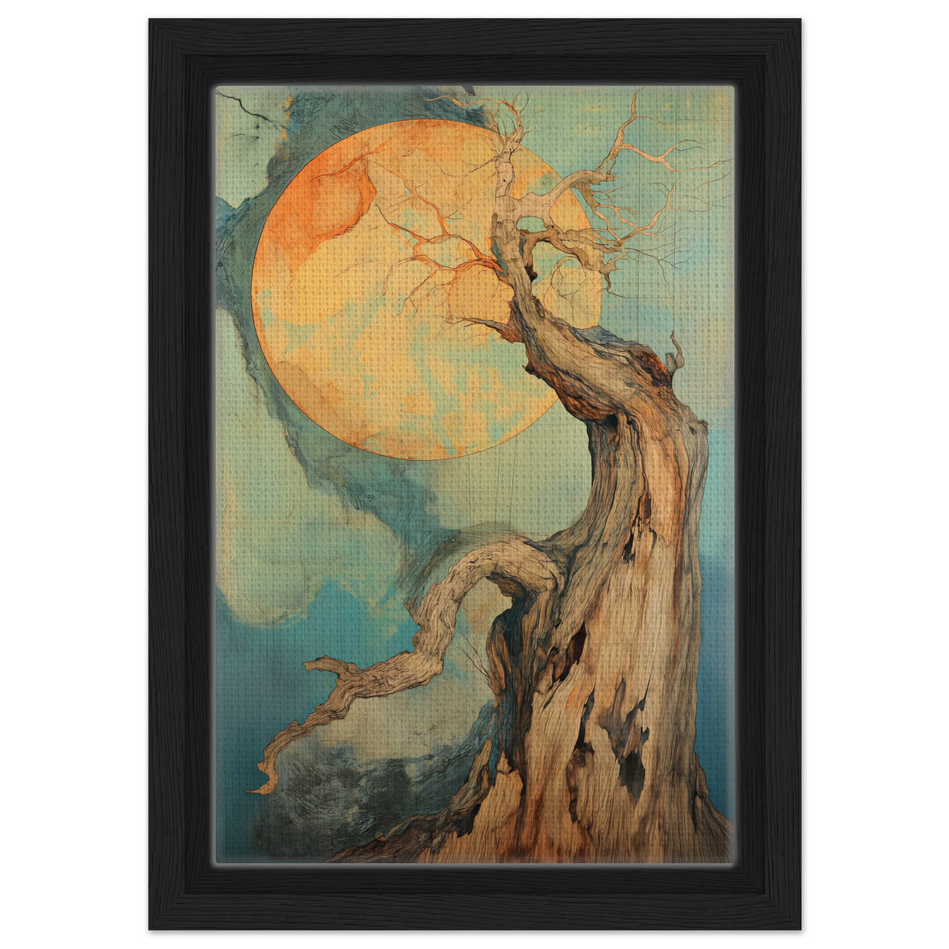 Gnarled tree silhouetted against an orange moon for Timeless Cosmic Arborete room decor