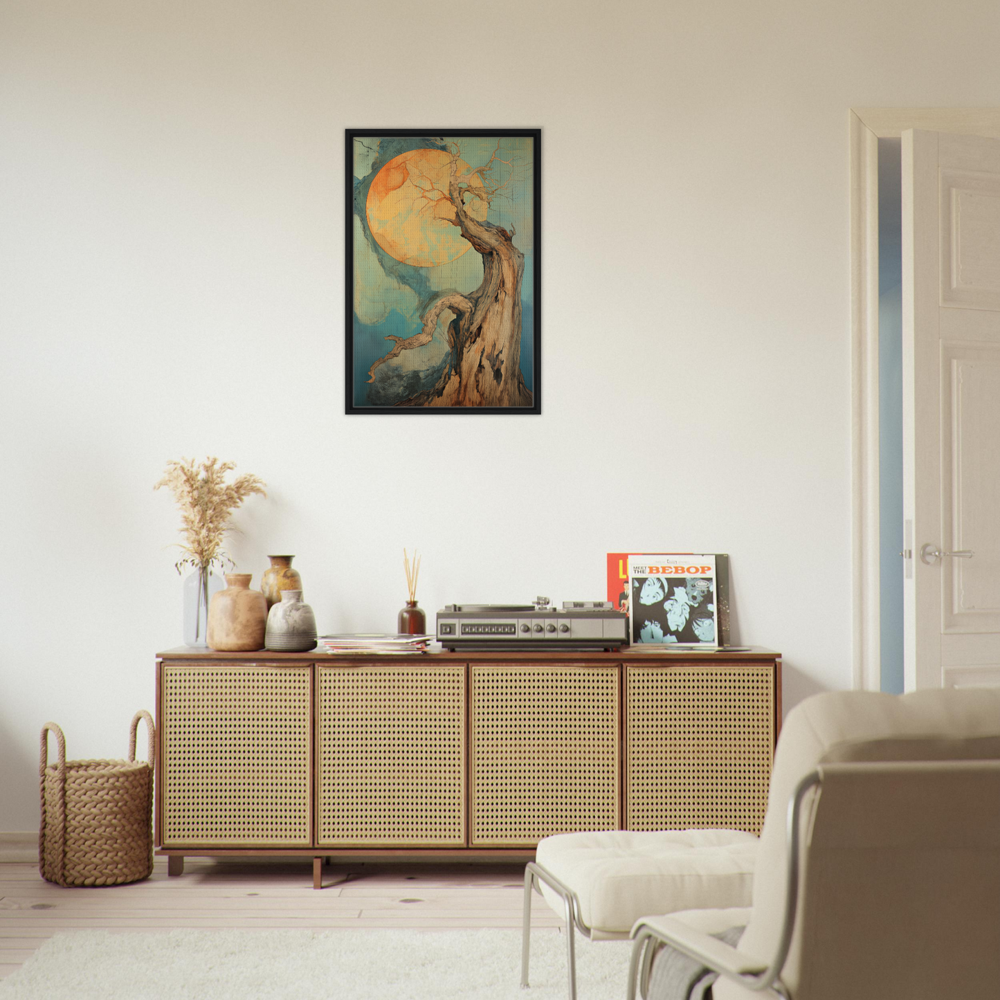 Wooden sideboard with cane-webbed doors, ideal for timeless Cosmic Arborete room decor