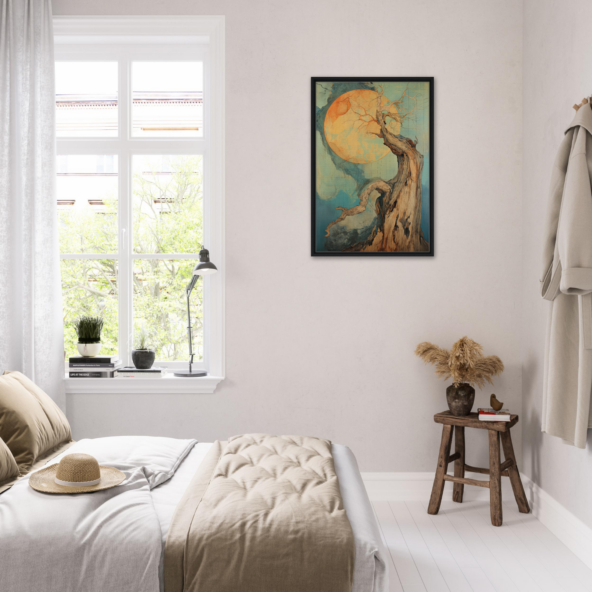 Serene bedroom showcasing a Timeless Cosmic Arborete framed canvas print of a tree and moon