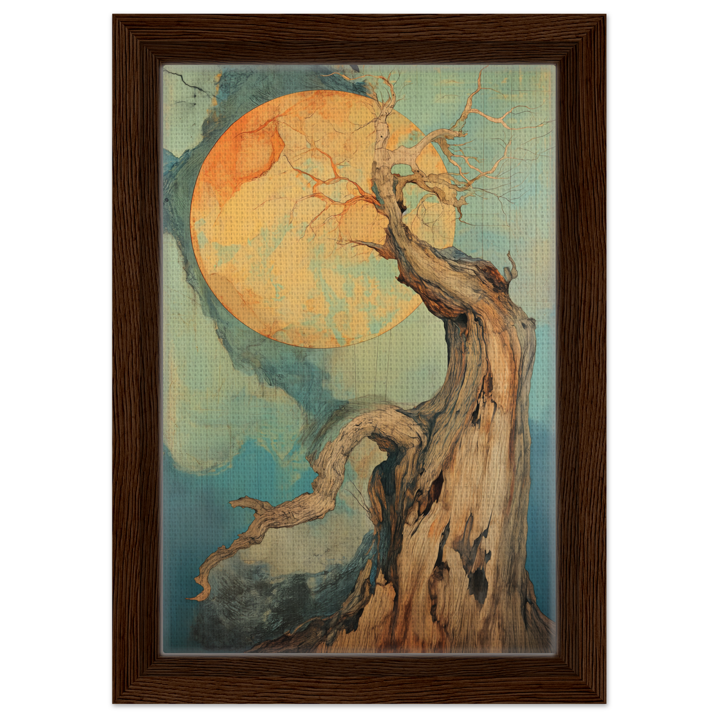 Gnarled tree silhouette against orange moon, enhancing Timeless Cosmic Arborete room decor