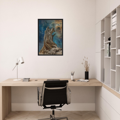 Minimalist home office featuring Timeless Cosmic Stoke framed canvas print and stylish furniture