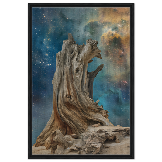 Gnarled tree stump with roots against a cosmic backdrop for Timeless Cosmic Stoke room decor