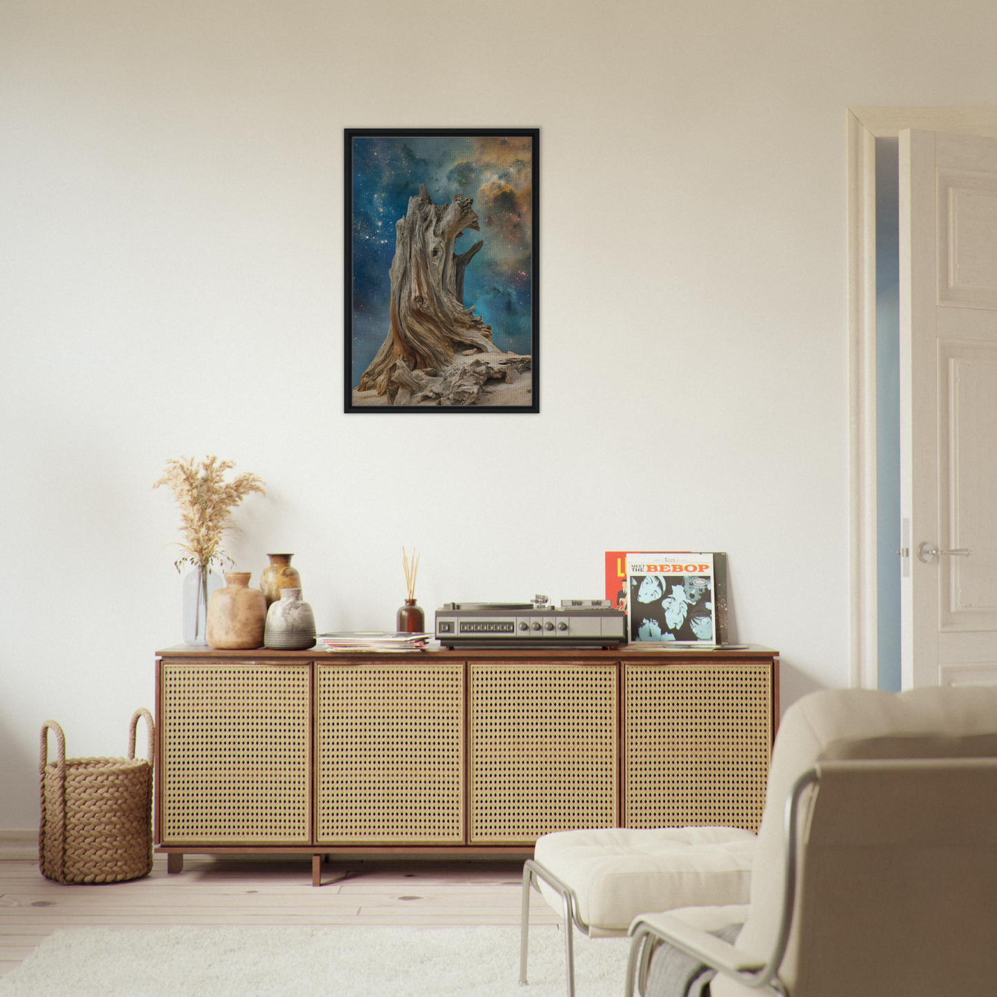 Wooden sideboard with cane-webbed doors showcasing Timeless Cosmic Stoke decorative items