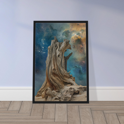 Twisted driftwood against a cosmic sky in Timeless Cosmic Stoke framed canvas print