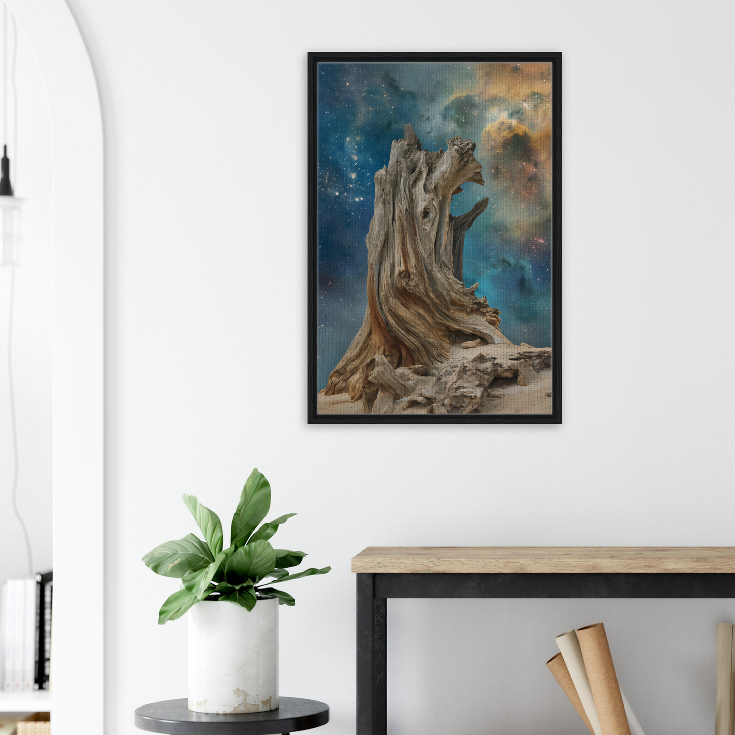 Timeless Cosmic Stoke framed canvas print of a gnarled tree trunk against a cosmic sky