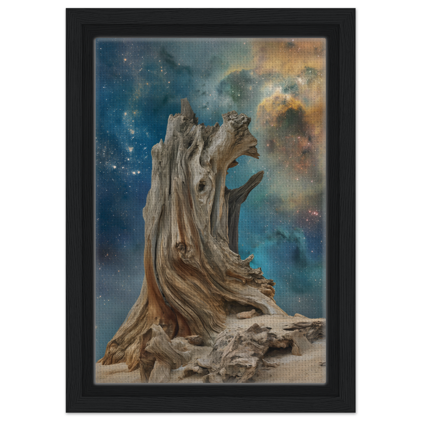 Gnarled tree stump with cosmic backdrop, perfect for Timeless Cosmic Stoke room decor