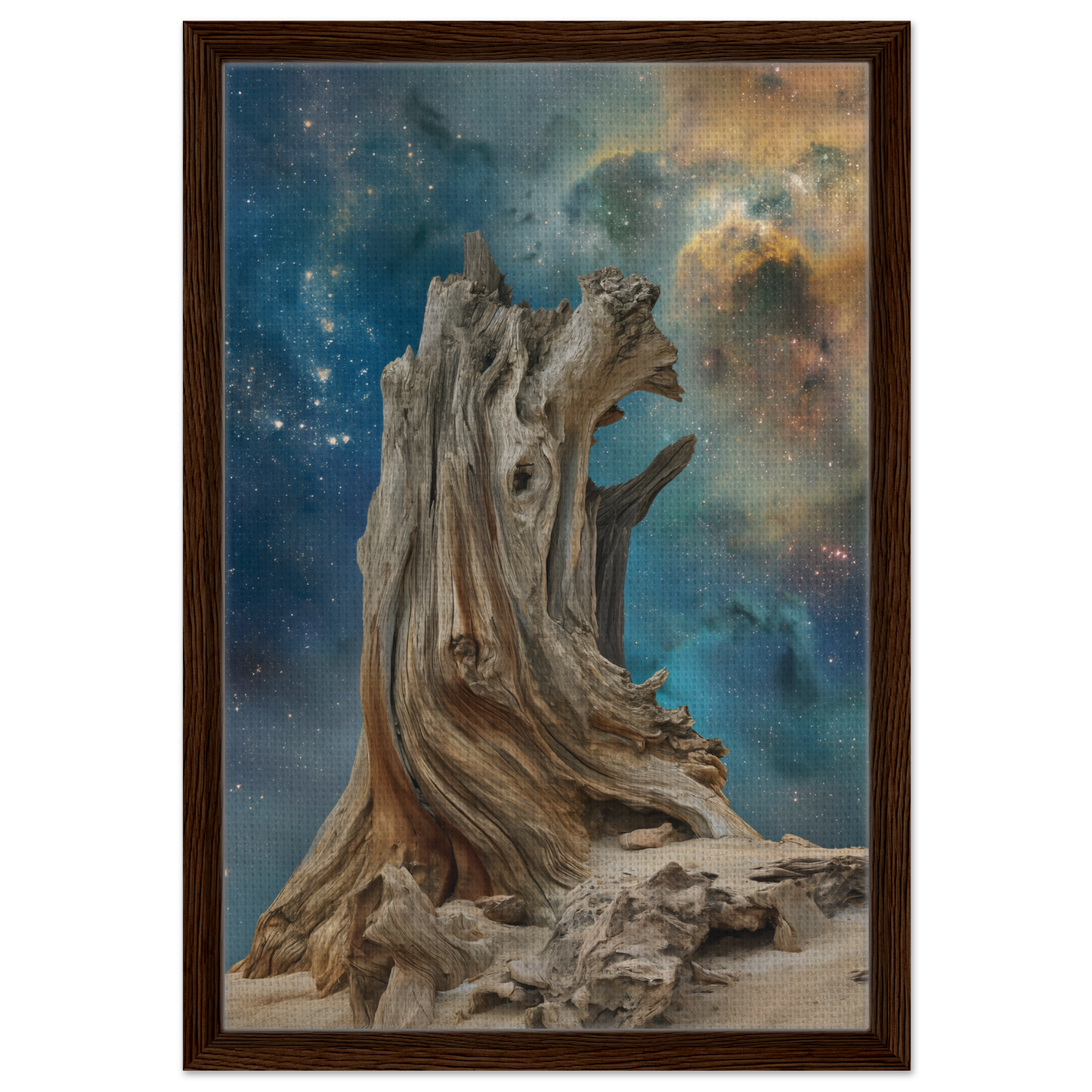 Gnarled tree stump with roots in Timeless Cosmic Stoke, ideal for room decor