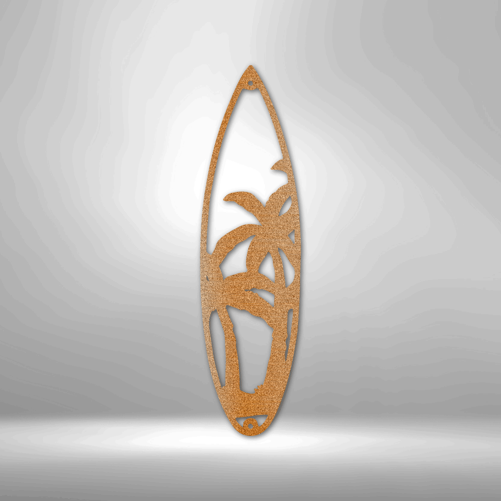 Wooden surfboard-shaped cutout with palm tree design.