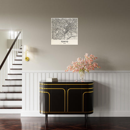 Elegant black and gold sideboard with curved edges and cabinet doors.